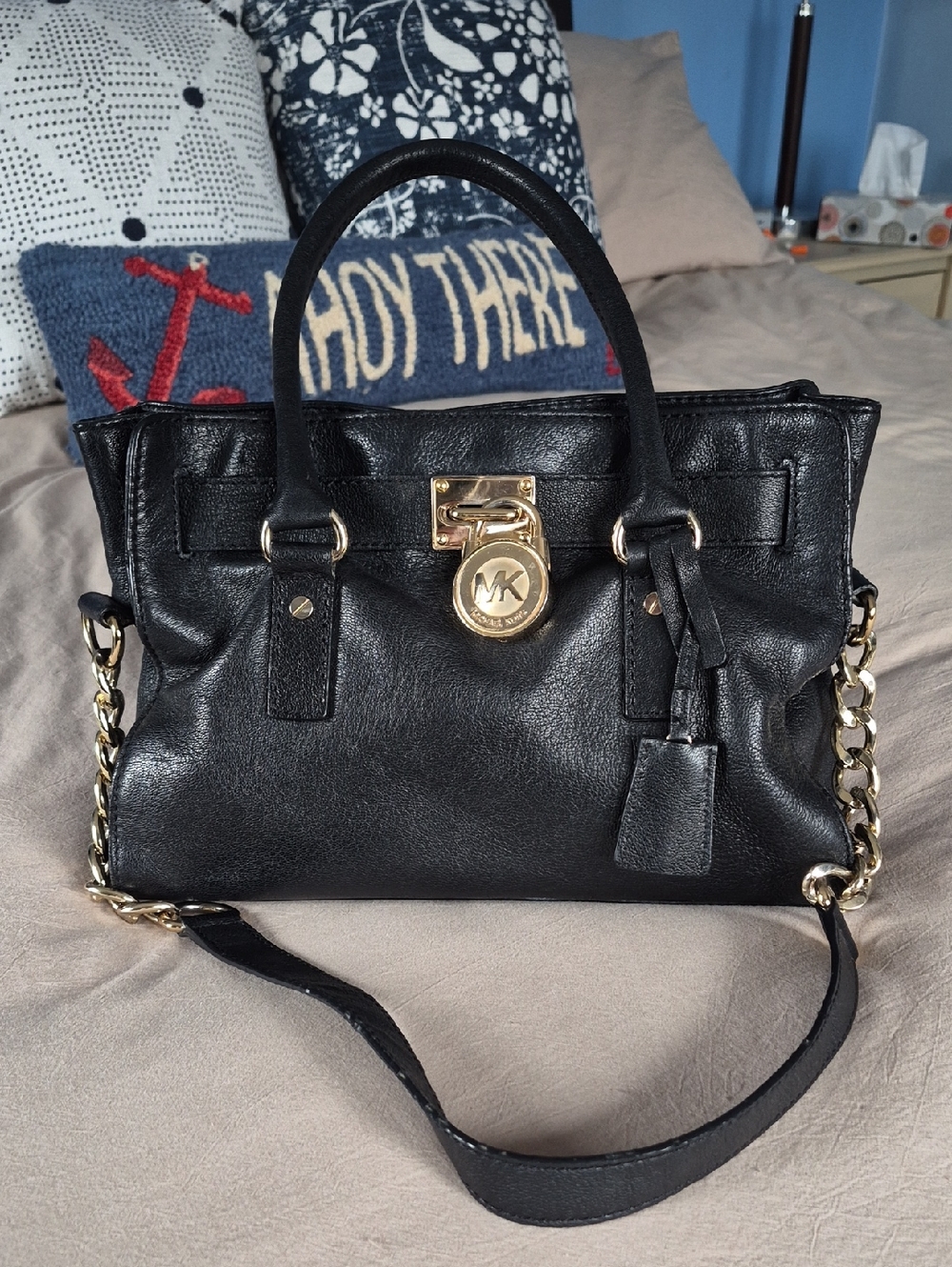Michael Kors Black Leather Satchel with Gold-Tone Hardware